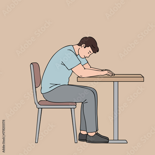 Flat Illustration Man Sleeping at Desk in Back Pain Posture