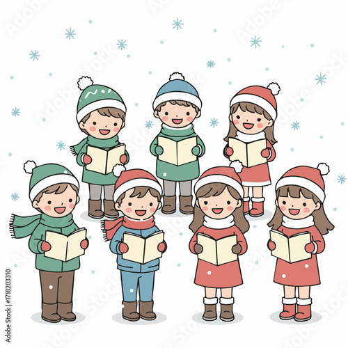 Cute Cartoon Group of Kids Singing Christmas Carols Illustration