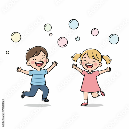 Cute Cartoon Happy Children Playing with Bubbles Illustration Graphic Design
