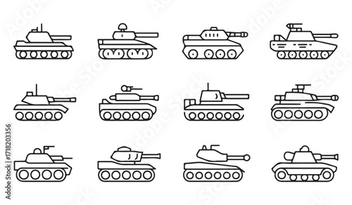 Army tanks outline drawing collection of six different battle vehicles