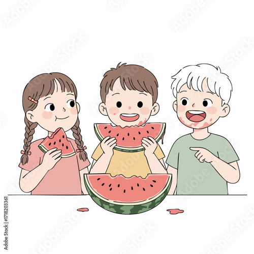 Cute Cartoon Style Children Eating Watermelon Fruit Slice Together Illustration