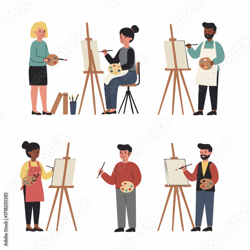 Flat Illustration Set of People Painting on Canvas Easel Activity