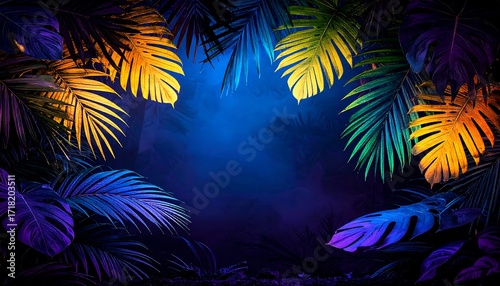 Vibrant tropical leaves in a dark, moody setting