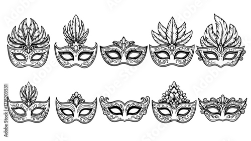 Elegant masquerade masks with delicate feather details for festive occasions, perfect for invitations, cards, and party decorations