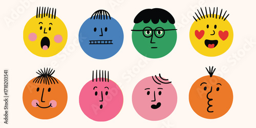 Abstract Comic Faces with Emotions in Crayon Style, Colorful Cartoon Characters & Flat Design – Hand-Drawn Emoji Vector Illustrations