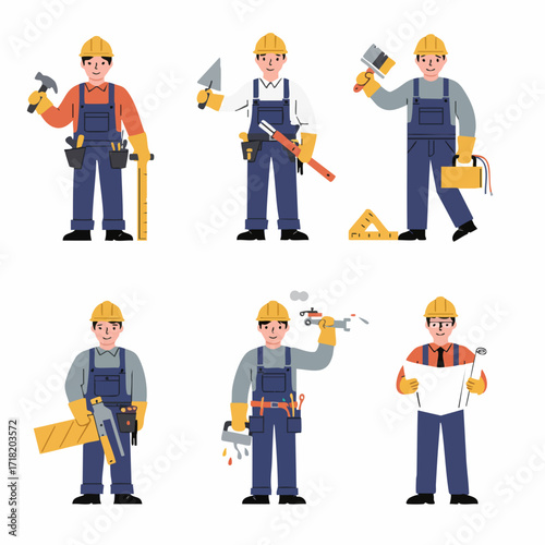 Cartoon Style Builder Man Collection Illustration Set with Different Poses