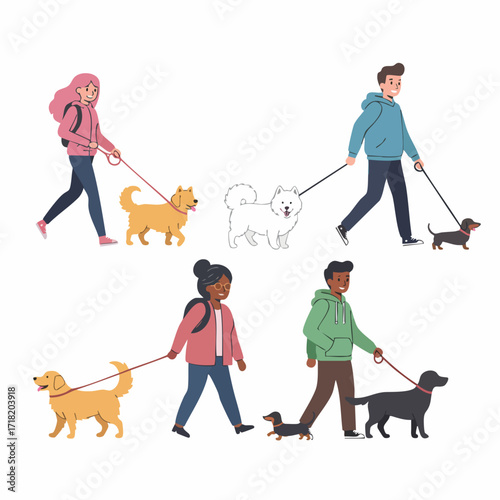 Flat Illustration Diverse People Walking with Their Dog Companions Outdoors