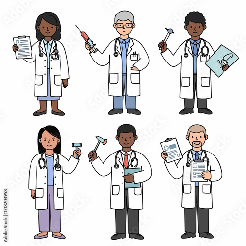 Handdrawn Diverse Group of Doctors with Medical Equipment Flat Illustration