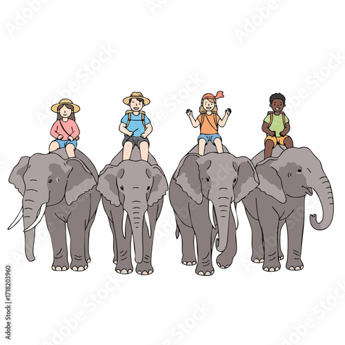 Handdrawn Flat Style Children Riding Elephants Group Travel Adventure Illustration