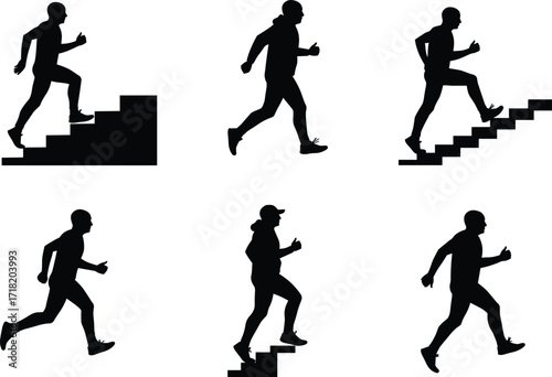 Silhouette people walking running climbing stairs, fitness exercise movement, human locomotion poses, active lifestyle workout, health activity illustration vector design