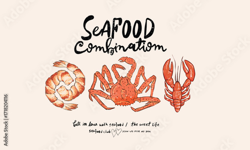 Lobster, crab and shrimp fish artwork for t shirt print, poster, sticker and other uses.