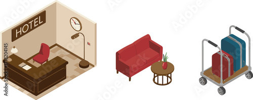 Hotel interior vector set, reception desk, lounge area, luggage cart, suitcases, red couch, hospitality scene, cartoon style, travel concept, illustration