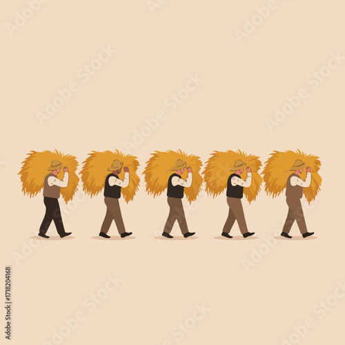 Flat Style Group of Harvesters Carrying Sheaves Illustration Asset
