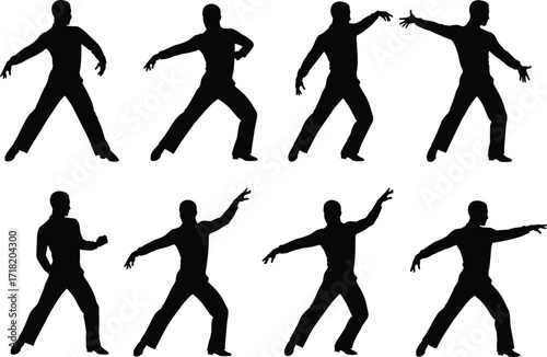 Silhouette person performing dance, martial arts, expressive movement, body poses, choreography sequence, fitness exercise, training illustration, human motion activity design