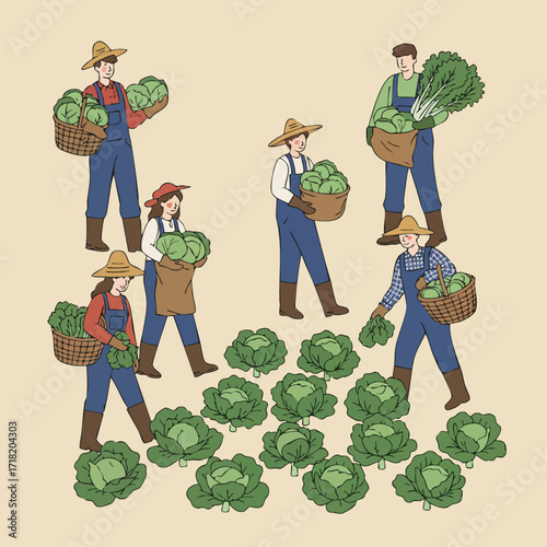 Flat Design Group Of Farmers Harvesting Cabbage Illustration People