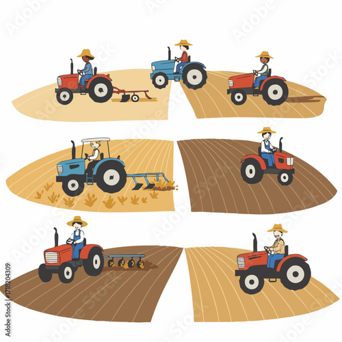Colorful Cartoon Style Tractor Illustration with Farmer and Tilled Land