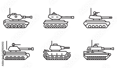 Military armored tanks line art icon set for defense and combat illustration