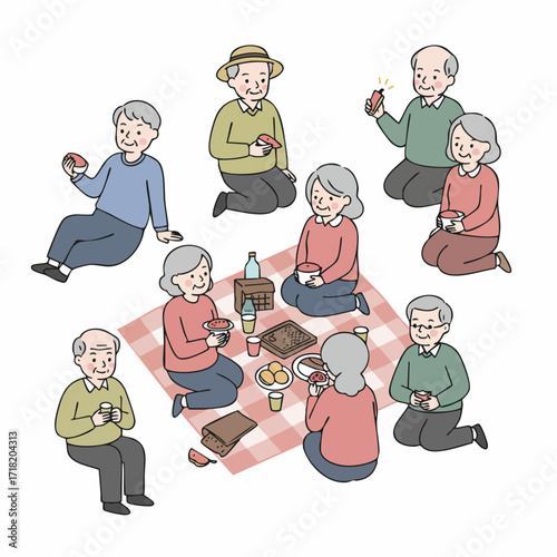 Simple Line Drawing Group Elderly People Picnic Gathering Illustration