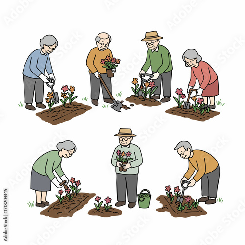 Simple Lineart Group of Senior People Gardening with Flowers Illustration