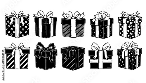 Festive collection of black and white gift boxes with bows, perfect for holiday designs, gift guides, and celebratory announcements, hand drawn style