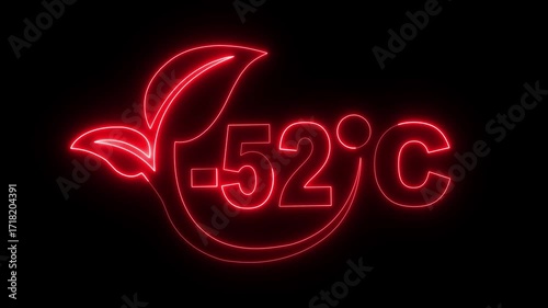 Glowing neon text showing -52°C temperature on a dark background. weather displays, climate visuals, scientific and digital interface designs. 4k video