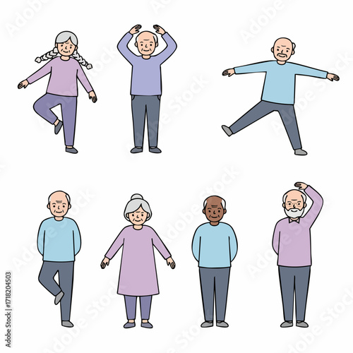 Flat Simple Style Detailed Senior People Doing Exercise Character Illustration