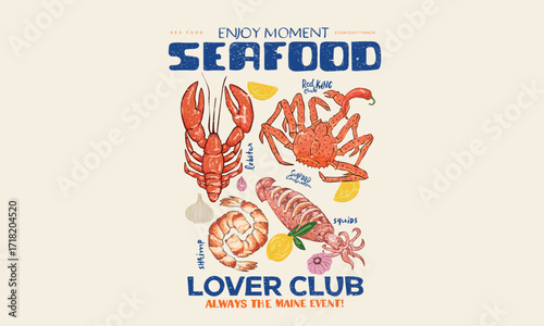 Lobster, squid, red king crab and shrimp fish artwork for t shirt print, poster, sticker and other uses.