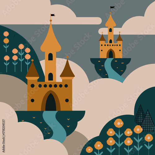 Whimsical castles on hills surrounded by clouds and flowers  