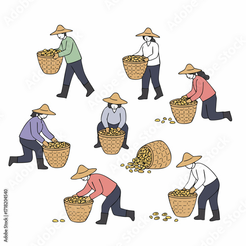Hand Drawn Illustration of Harvesting People With Basket Agricultural Activity