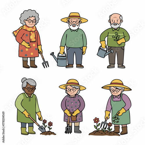 Colorful Flat Illustration of Diverse Senior People Gardening Characters Collection