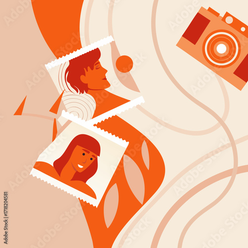 Abstract illustration of photos and camera on a soft orange background  