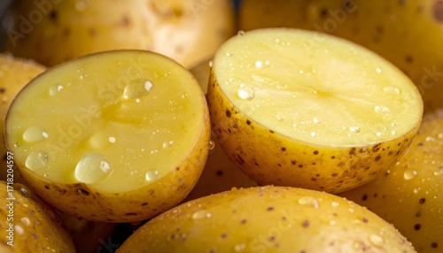 Freshly cut potatoes with water drops showing raw texture
