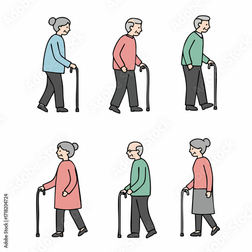 Flat Design Elderly Person Walking with Cane Illustration Set Isolated