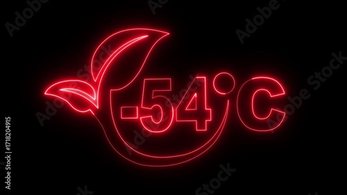 Glowing neon text showing -54°C temperature on a dark background. weather displays, climate visuals, scientific and digital interface designs. 4k video