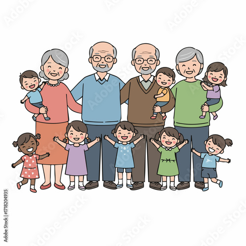 Flat Illustration Diverse Extended Family Gathering With Grandparents and Grandchildren