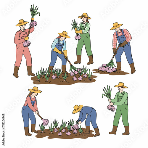 Minimalist Handdrawn Diverse Farmers Harvesting Onion Crop in Organic Farm