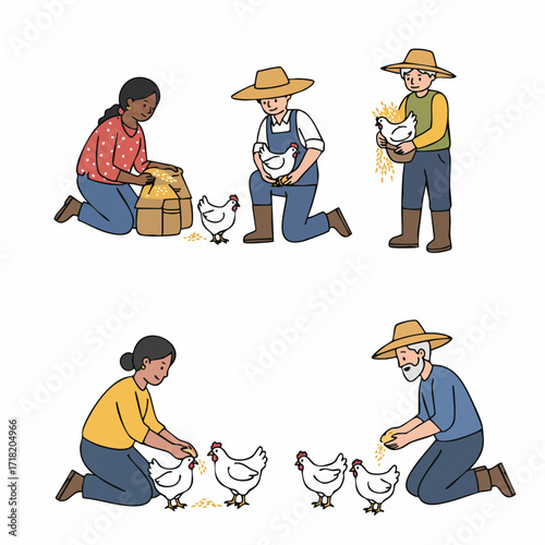 Flat Illustration People Farming Chicken for Business and Animal Farming