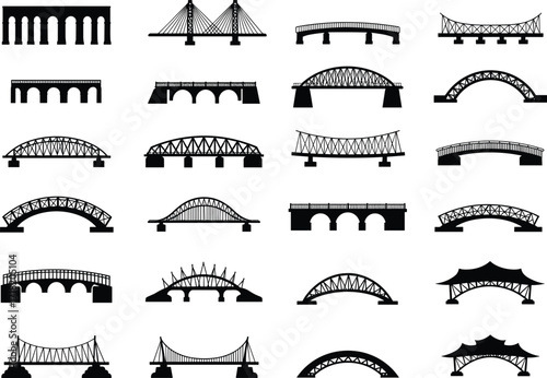 Bridge silhouette vector pack, suspension, arch, cable-stayed, truss, beam bridges, black icons, engineering structures, editable outline design, architectural elementsBridge silhouette vector pack, 