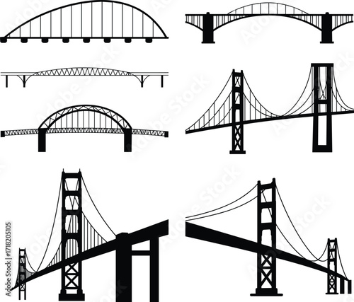 Bridge silhouette vector set, suspension, arch, truss, cantilever bridges, black icons, engineering structures, editable outline design, architectural elements, minimal style