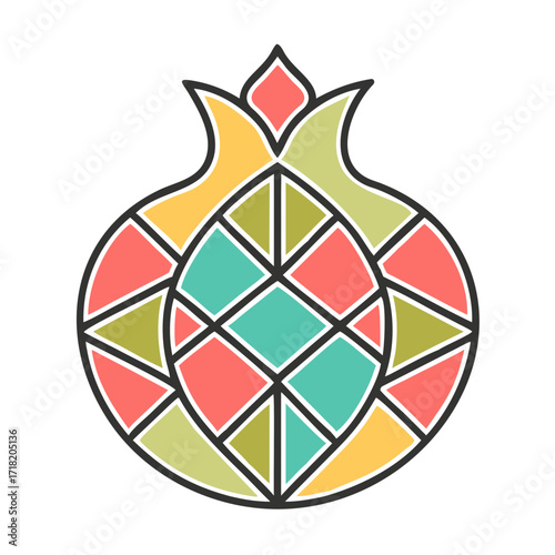 Geometric pomegranate illustration in vibrant colors and patterns  