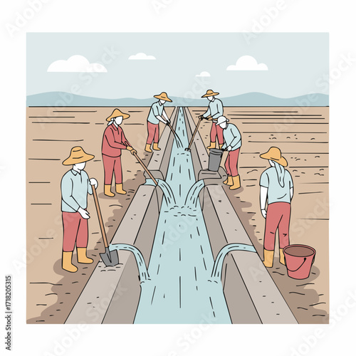 Colorful Flat Style Illustration Showing People Cleaning an Irrigation Channel