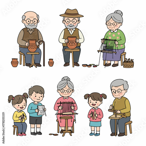 Cartoon Style Illustration of Family Members Doing Various Crafts Together Activities