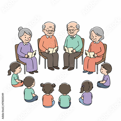 Simple Line Drawing Group of Elderly People with Children Illustration