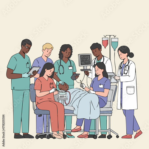 Hand Drawn Healthcare Medical Team Caring for Patient in Hospital Bed