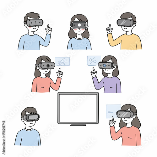 Flat Style People Using Virtual Reality Headset with Blank Whiteboard Illustration