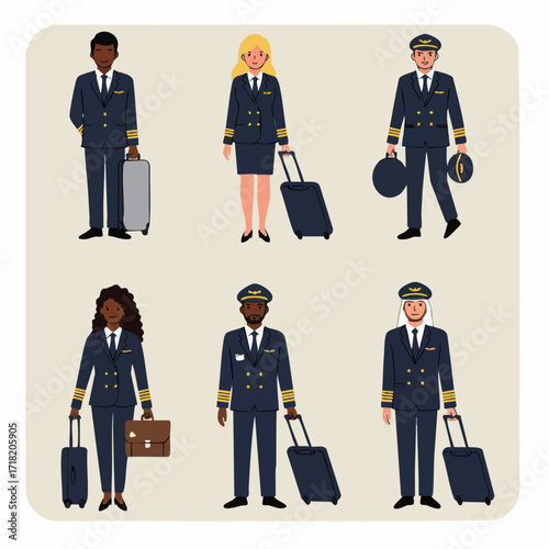 Flat Illustration Diverse Group of Pilots with Luggage Ready for Flight