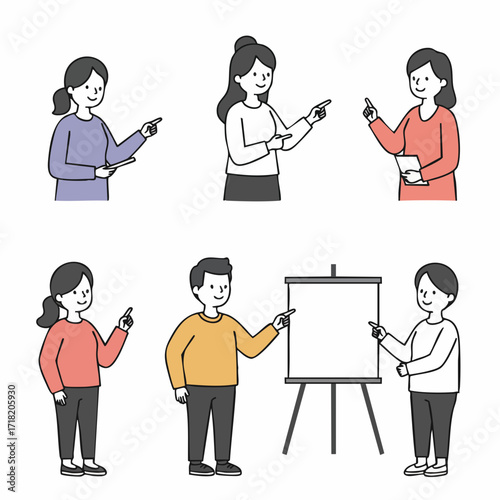Simple Line Art Pointing Person Characters Illustration with Easel Board