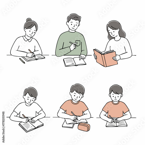 Simple Line Drawing Students Study Together at Desk Illustration