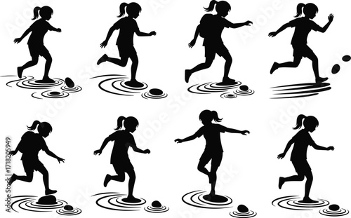 Stone skipping silhouette, outdoor activity, water ripple, dynamic motion, recreation sport, childhood play, vector illustration, black design, throwing stones, river fun