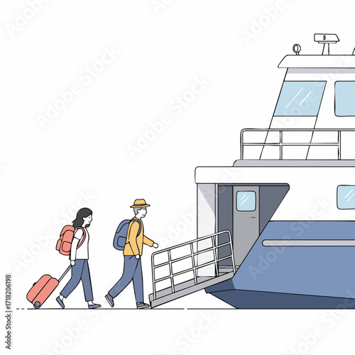 Minimalist Line Art People Boarding a Ferry for Travel Illustration